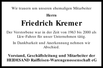 Traueranzeige von Friedrich Kremer von KREISZEITUNG SYKE