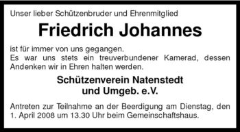 Traueranzeige von Friedrich Johannes von KREISZEITUNG SYKE