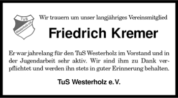 Traueranzeige von Friedrich Kremer von KREISZEITUNG SYKE