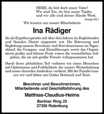 Traueranzeige von Ina Rädiger von KREISZEITUNG SYKE
