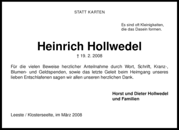 Traueranzeige von Heinrich Hollwedel von KREISZEITUNG SYKE