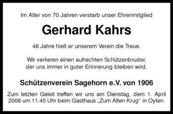 Traueranzeige von Gerhard Kahrs von KREISZEITUNG SYKE