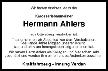 Traueranzeige von Hermann Ahlers von KREISZEITUNG SYKE