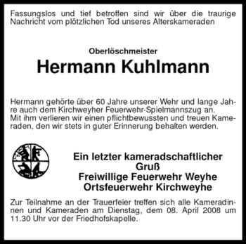 Traueranzeige von Hermann Kuhlmann von KREISZEITUNG SYKE