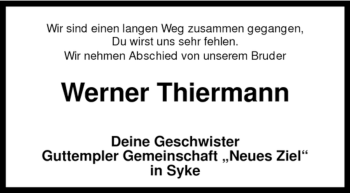 Traueranzeige von Werner Thiermann von KREISZEITUNG SYKE