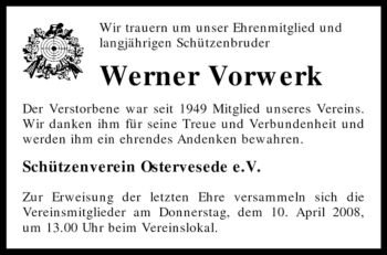 Traueranzeige von Werner Vorwerk von KREISZEITUNG SYKE