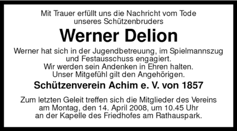  Traueranzeige für Werner Delion vom 10.04.2008 aus KREISZEITUNG SYKE