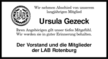 Traueranzeige von Ursula Gezeck von KREISZEITUNG SYKE