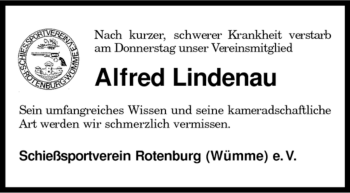 Traueranzeige von Alfred Lindenau von KREISZEITUNG SYKE