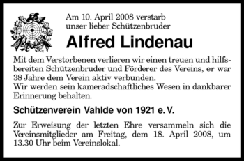 Traueranzeige von Alfred Lindenau von KREISZEITUNG SYKE