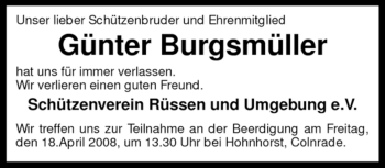 Traueranzeige von Günter Burgsmüller von KREISZEITUNG SYKE