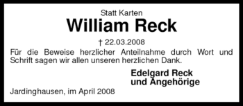 Traueranzeige von William Reck von KREISZEITUNG SYKE