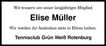 Traueranzeige von Elise Müller von KREISZEITUNG SYKE