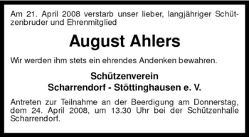 Traueranzeige von August Ahlers von KREISZEITUNG SYKE