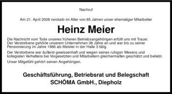 Traueranzeige von Heinz Meier von KREISZEITUNG SYKE