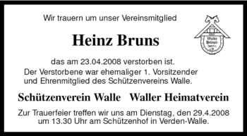 Traueranzeige von Heinz Bruns von KREISZEITUNG SYKE