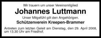 Traueranzeige von Johannes Luttmann von KREISZEITUNG SYKE