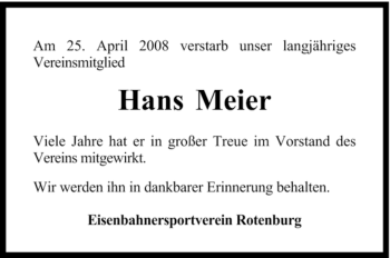 Traueranzeige von Hans Meier von KREISZEITUNG SYKE