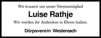 Traueranzeige von Luise Rathje von KREISZEITUNG SYKE