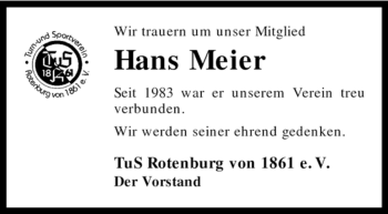 Traueranzeige von Hans Meier von KREISZEITUNG SYKE