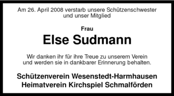 Traueranzeige von Else Sudmann von KREISZEITUNG SYKE