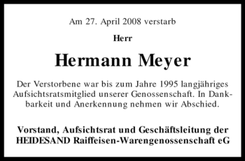 Traueranzeige von Hermann Meyer von KREISZEITUNG SYKE