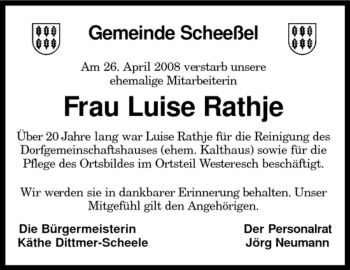 Traueranzeige von Luise Rathje von KREISZEITUNG SYKE