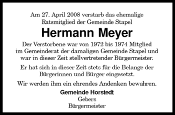 Traueranzeige von Hermann Meyer von KREISZEITUNG SYKE