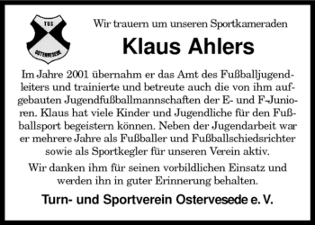 Traueranzeige von Klaus Ahlers von KREISZEITUNG SYKE