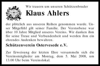 Traueranzeige von Klaus Ahlers von KREISZEITUNG SYKE