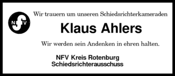 Traueranzeige von Klaus Ahlers von KREISZEITUNG SYKE