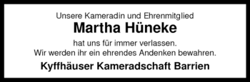 Traueranzeige von Martha Hüneke von KREISZEITUNG SYKE