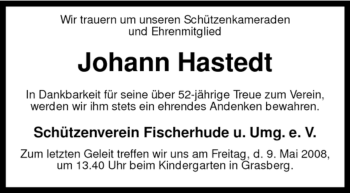 Traueranzeige von Johann Hastedt von KREISZEITUNG SYKE