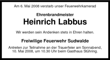 Traueranzeige von Heinrich Labbus von KREISZEITUNG SYKE