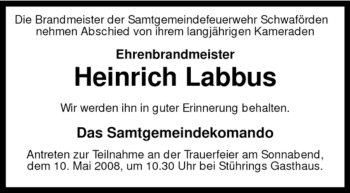 Traueranzeige von Heinrich Labbus von KREISZEITUNG SYKE