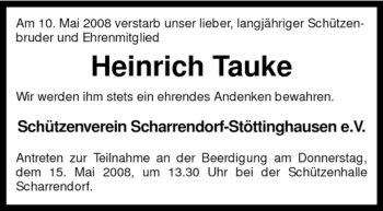 Traueranzeige von Heinrich Tauke von KREISZEITUNG SYKE