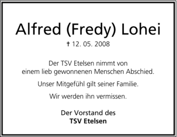 Traueranzeige von Fredy Lohei von KREISZEITUNG SYKE