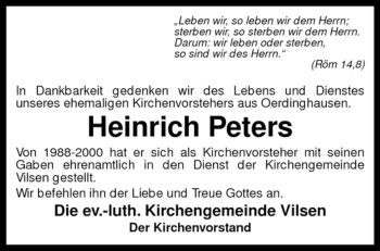 Traueranzeige von Heinrich Peters von KREISZEITUNG SYKE