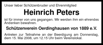 Traueranzeige von Heinrich Peters von KREISZEITUNG SYKE