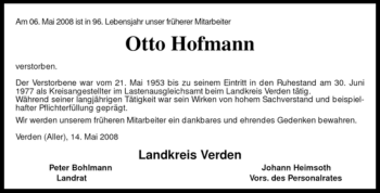 Traueranzeige von Otto Hofmann von KREISZEITUNG SYKE