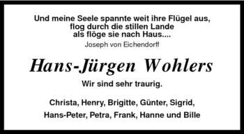 Traueranzeige von Hans-Jürgen Wohlers von KREISZEITUNG SYKE