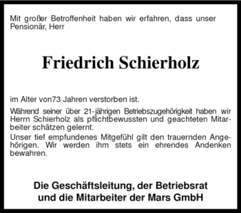 Traueranzeige von Friedrich Schierholz von KREISZEITUNG SYKE