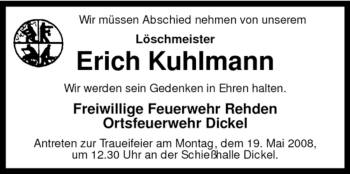 Traueranzeige von Erich Kuhlmann von KREISZEITUNG SYKE