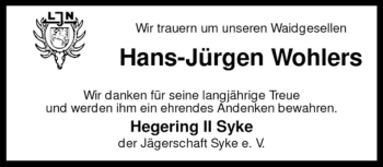 Traueranzeige von Hans-Jürgen Wohlers von KREISZEITUNG SYKE