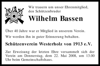 Traueranzeige von Wilhelm Bassen von KREISZEITUNG SYKE