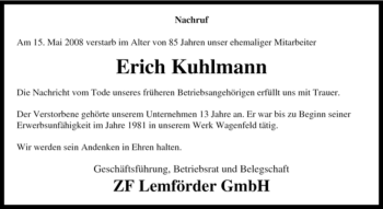 Traueranzeige von Erich Kuhlmann von KREISZEITUNG SYKE