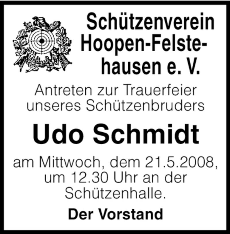  Traueranzeige für Udo Schmidt vom 20.05.2008 aus KREISZEITUNG SYKE