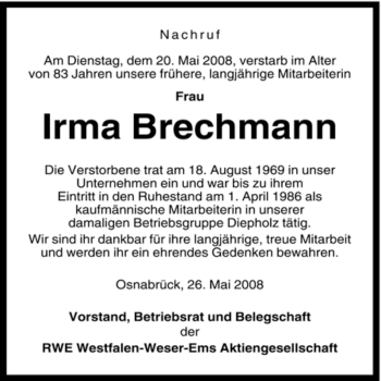 Traueranzeige von Irma Brechmann von KREISZEITUNG SYKE