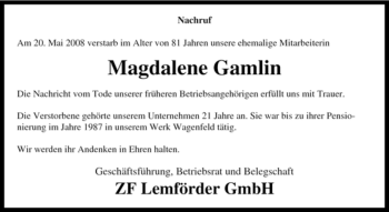 Traueranzeige von Magdalene Gamlin von KREISZEITUNG SYKE