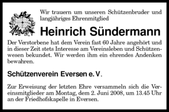 Traueranzeige von Heinrich Sündermann von KREISZEITUNG SYKE